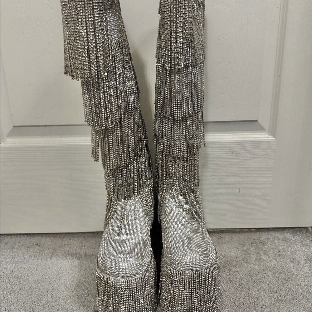 Glamorous Silver Fringe Heeled Boots